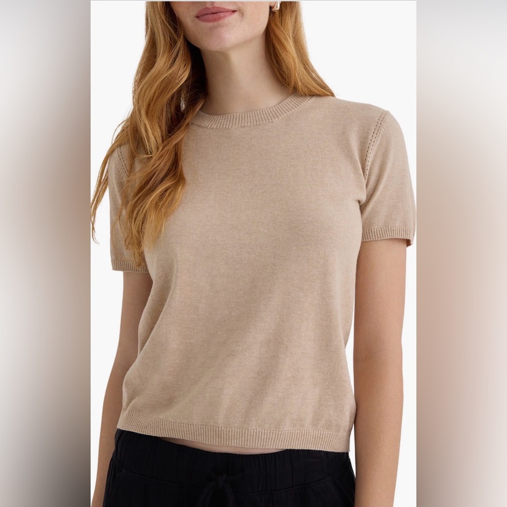 Bella Dahl Crew Knit Top Beige Cotton Cashmere Blend Short Sleeve Sweater L NWT